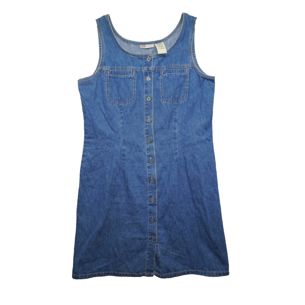 Faded Glory Denim Button Front Tank Dress Women’s Large Dark Wash Y2K